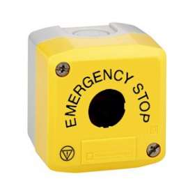 Harmony boite - 1 trou - couvercle jaune - EMERGENCY STOP - logos EN13850|Schneider Electric-SCHXALK01H29